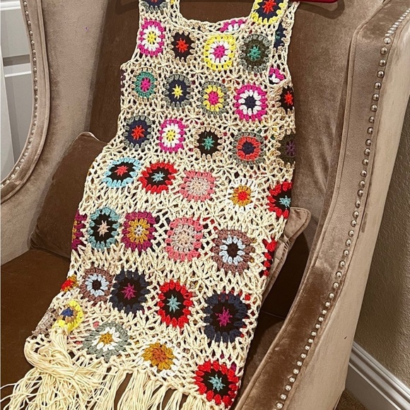 Boho Hawaiian Polynesian Multicolor Crochet Fringe Dress - Picture 6 of 6